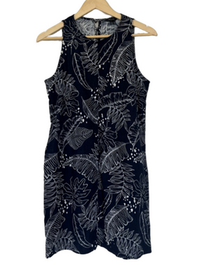 Linen Blend RW&CO. Navy White Tropical Leaf Print Mini Sundress Sleeveless